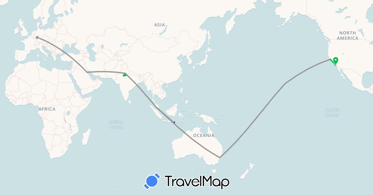 TravelMap itinerary: driving, bus, plane in Australia, Germany, Indonesia, India, Kuwait, Malaysia, United States (Asia, Europe, North America, Oceania)
